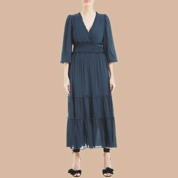 NWT Max Studio ‘Long Sleeve Jacquard Satin Tiered Maxi Dress’ in Navy Size XS - Picture 1 of 4